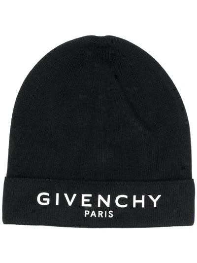Shop Givenchy Knitted Logo Print Beanie Hat In Black