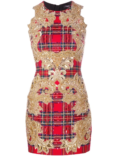 Shop Balmain Sequin-embellished Plaid Cocktail Dress In Red