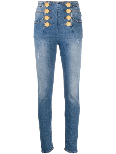 Shop Balmain Button Detail Skinny Jeans In Blue