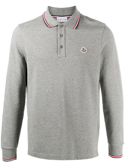 Shop Moncler Logo Patch Stripe Detail Polo Shirt In Grey