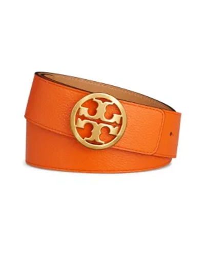Shop Tory Burch Women's Reversible Logo Leather Belt In Orange