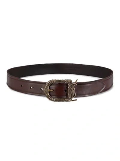 Shop Saint Laurent Antique Buckle Leather Belt In Chestnut