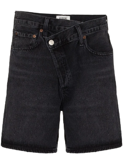 Shop Agolde Wrap-waist Denim Shorts In Black