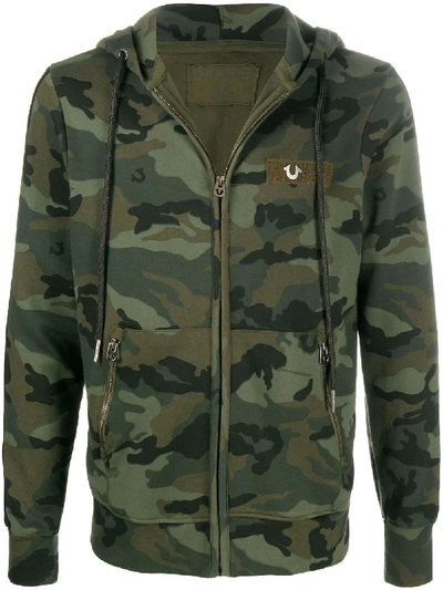 Shop True Religion Camouflage Print Logo Zip Hoodie In Green