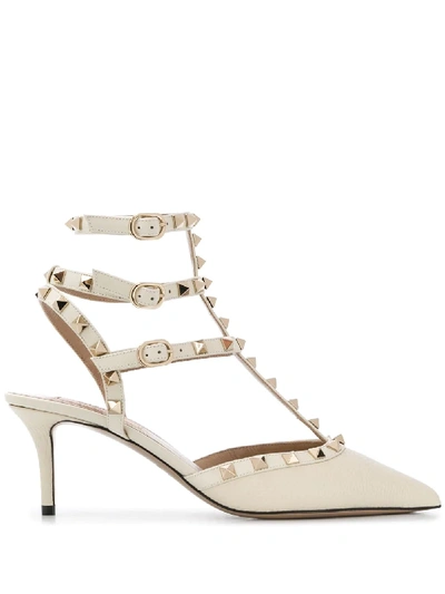 Shop Valentino Rockstud Caged Leather Pumps In White