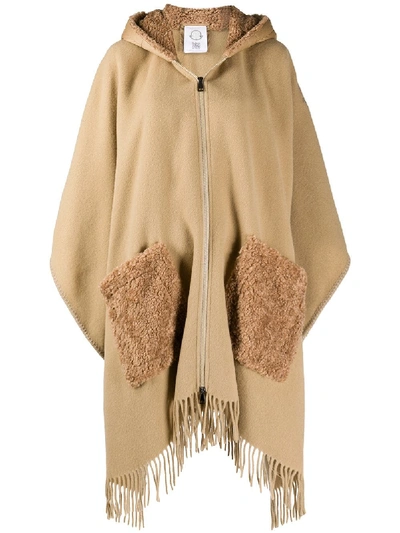 Shop Moncler Shearling-trim Hooded Poncho In Neutrals