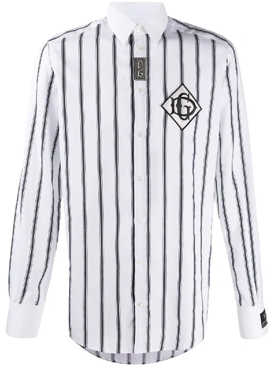 Shop Dolce & Gabbana Logo Patch Striped Shirt In White