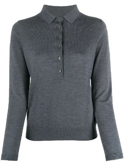 Shop Allude Long-sleeved Button Up Polo Shirt In Grey