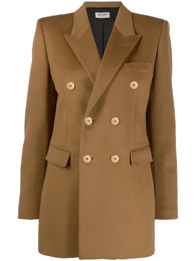 Shop Saint Laurent Double-breasted Wool Coat In Brown