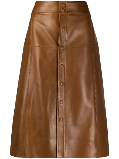 Shop Saint Laurent A-line Leather Midi-skirt In Brown