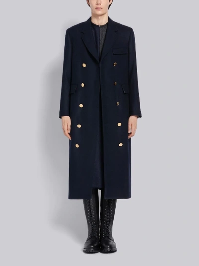 Shop Thom Browne Navy Melton Wool Long Chesterfield Overcoat In Blue