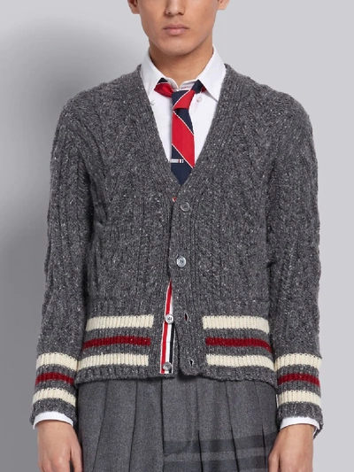 Shop Thom Browne Medium Grey Mohair Tweed Aran Cable Tricolor Cricket Stripe V-neck Cardigan