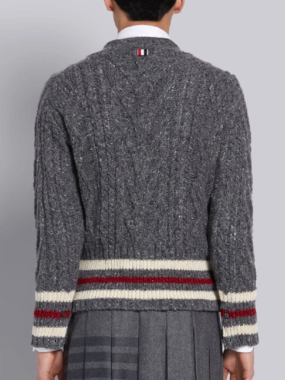 Shop Thom Browne Medium Grey Mohair Tweed Aran Cable Tricolor Cricket Stripe V-neck Cardigan