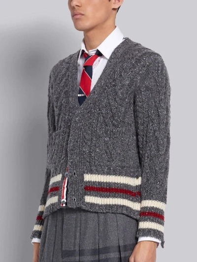 Shop Thom Browne Medium Grey Mohair Tweed Aran Cable Tricolor Cricket Stripe V-neck Cardigan