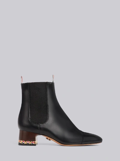 Shop Thom Browne Black Vitello Calfskin Tricolor Chain Block Heel Chelsea Boot In Blue