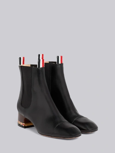 Shop Thom Browne Black Vitello Calfskin Tricolor Chain Block Heel Chelsea Boot In Blue