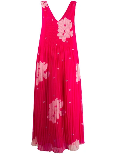 Shop Ganni Pleated Floral Print Midi Dress In Red