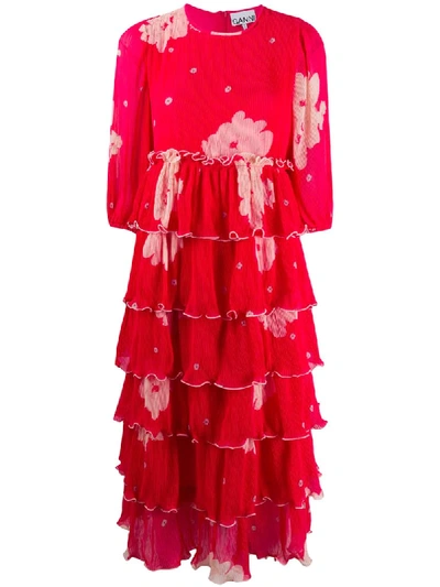 Shop Ganni Pleated Floral Print Tiered Dress In Red