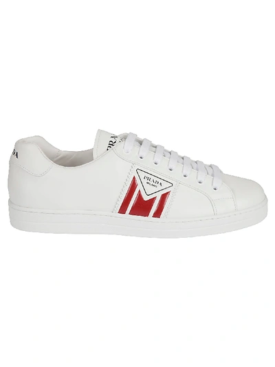 Shop Prada Triangle Logo Patch Sneakers In White/red
