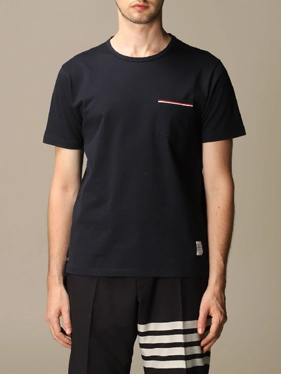Shop Thom Browne Cotton T-shirt With Striped Band And Pocket In Navy