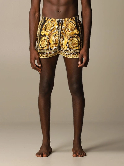 Shop Versace Boxer Swimsuit With Baroque Pattern In Gold