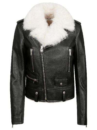 Shop Saint Laurent Furry Collar Zip Biker Jacket In Black/ecru