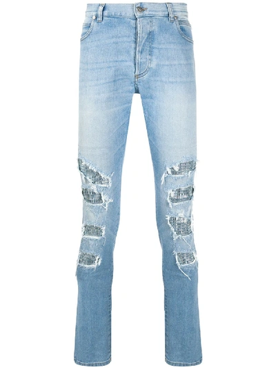 Shop Balmain Distressed Slim-fit Jeans In Blue