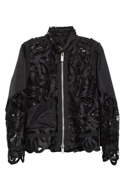 Shop Sacai Satin Paisley Guipure Lace Jacket In Black
