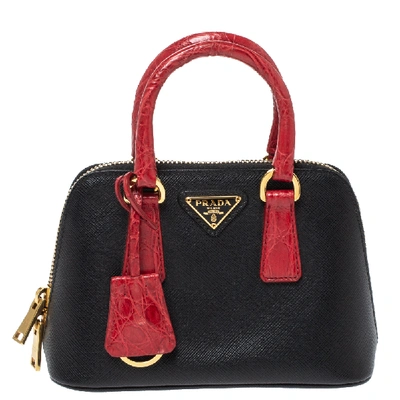 Pre-owned Prada Black/red Saffiano Lux Leather And Croc Mini Promenade Crossbody Bag