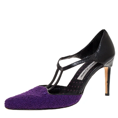 Pre-owned Manolo Blahnik Purple Tweed And Black Leather T-bar Square Toe Pumps Size 39
