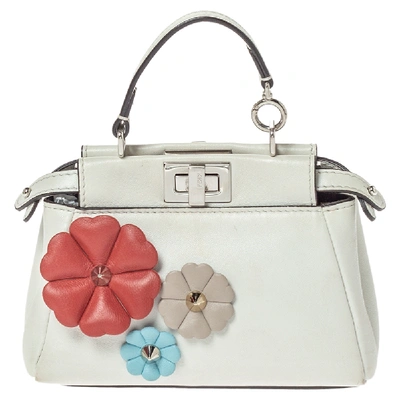 Pre-owned Fendi White Leather Micro Peekaboo Flowerland Top Handle Bag
