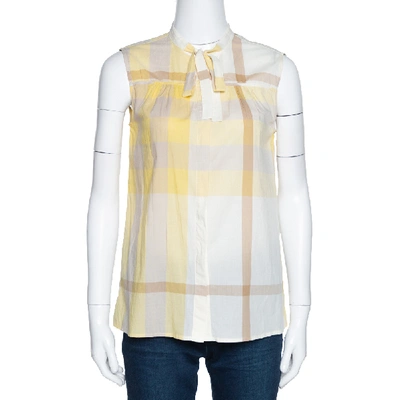 Pre-owned Burberry Brit Yellow Check Cotton Neck Tie Detail Sleeveless Blouse S