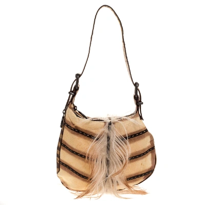 Pre-owned Fendi Cream/brown Suede, Fur And Lizard Oyster Hobo