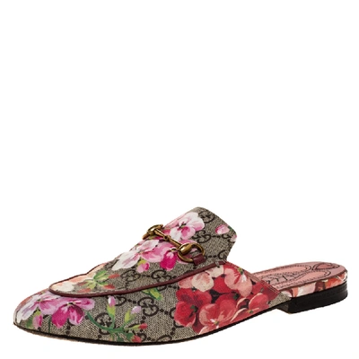 Pre-owned Gucci Beige Gg Supreme Blooms Printed Canvas Princetown Horsebit Loafer Slides Size 39 In Multicolor