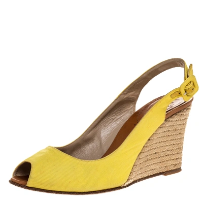 Pre-owned Christian Louboutin Yellow Canvas Puglia Espadrille Wedge Peep Toe Slingback Sandals Size 40