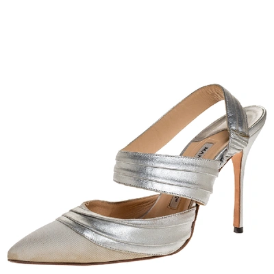 Pre-owned Manolo Blahnik Silver Leather And Grey Grosgrain Alla Pumps Size 37