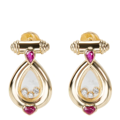 Pre-owned Chopard Vintage Happy Diamond 18k Yellow Gold Diamond Rubies Drop Earrings