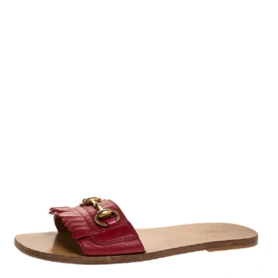 Pre-owned Gucci Red Fringe Leather Horsebit Slide Sandals Size 38
