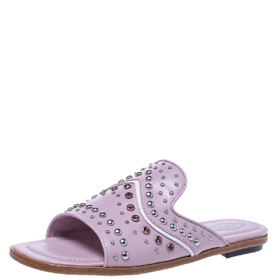 Pre-owned Tod's Light Pink Studded And Crystal Embellished Leather Slide Flats 37.5