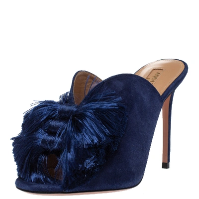 Pre-owned Aquazzura Navy Blue Suede Lotus Blossom Mules Size 36