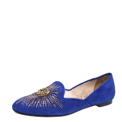 Pre-owned Aquazzura Royal Blue Suede Sunlight Embellished Loafers Size 39