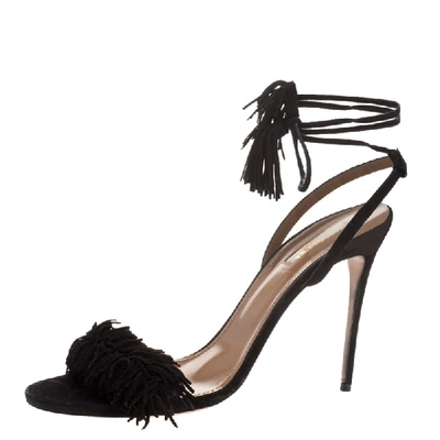 Pre-owned Aquazzura Black Suede Wild Thing Ankle Wrap Sandals Size 35