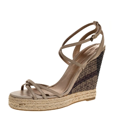 Pre-owned Burberry Pale Green Strappy Leather Woven Wedge Espadrille Sandals Size 39