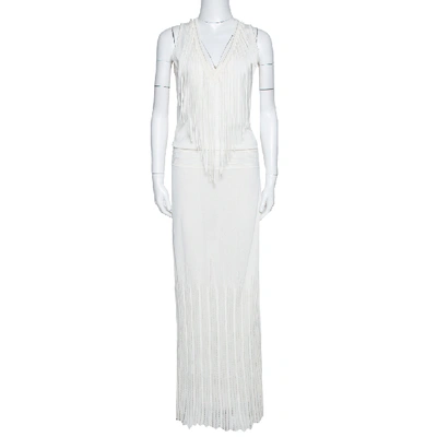 Pre-owned Roberto Cavalli Off White Knit Fringed Sleeveless Maxi Dress M