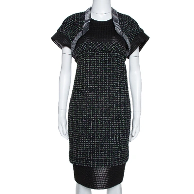 Pre-owned Black Boucle Knit & Mesh Short Sleeve Dress L