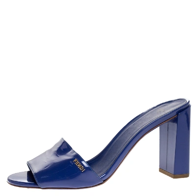 Pre-owned Fendi Blue Patent Leather Block Heel Slides Size 39
