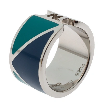 Pre-owned Fendi Sta Bicolor Enamel Silver Tone Band Ring M In Blue