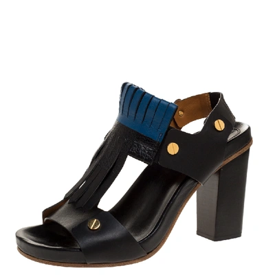 Pre-owned Chloé Black/blue Leather Fringe Block Heel Sandals Size 39.5