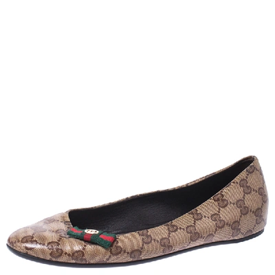 Pre-owned Gucci Beige Gg Canvas Web Bow Ballet Flats Size 38