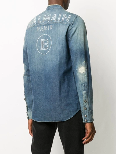 Shop Balmain Collarless Denim Shirt In Blue